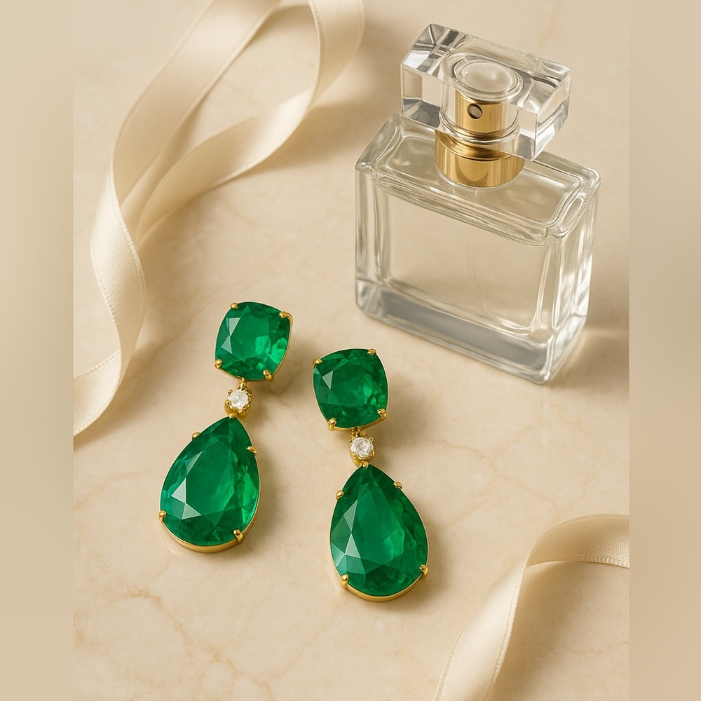 Genuine Zambian Emerald Drop Earrings 18K Gold 45mm Hollywood Elegant Glam
